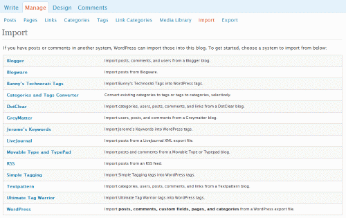 WordPress 2.6 Import page